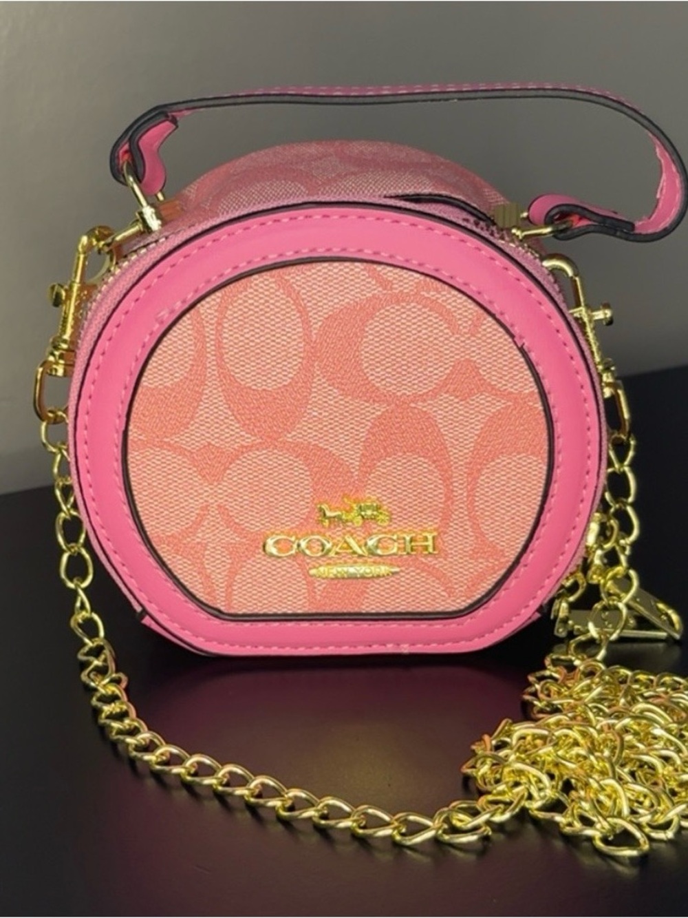 Coach Pink Signature Round Mini Crossbody with Gold Chain